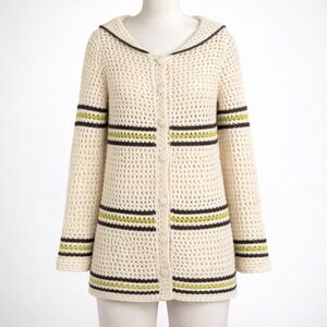 Banana Republic Wool Crochet Open Knit Sailor Collar Cardigan Sweater Button XS